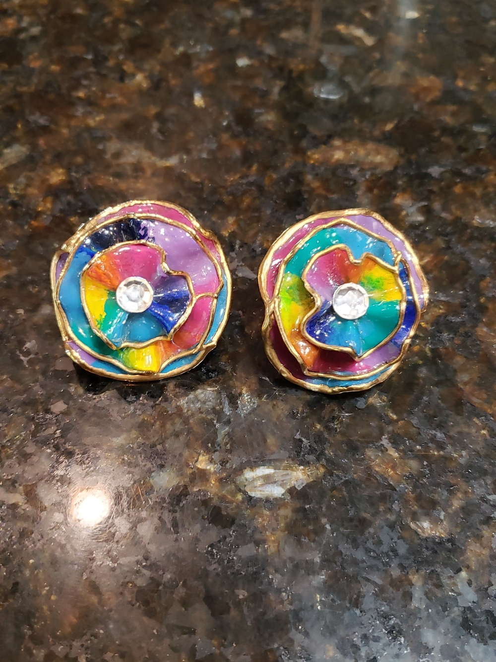 Vintage Lacombe © 1988 Enamel Floral Clip-On Earrings